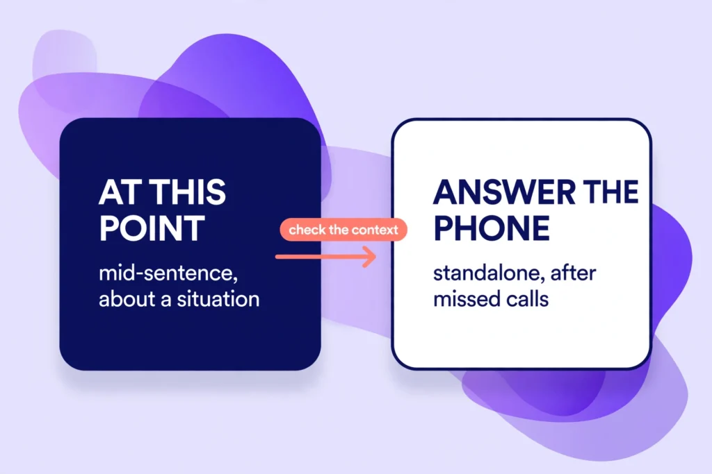 How to tell which meaning of ATP fits: at this point or answer the phone.
