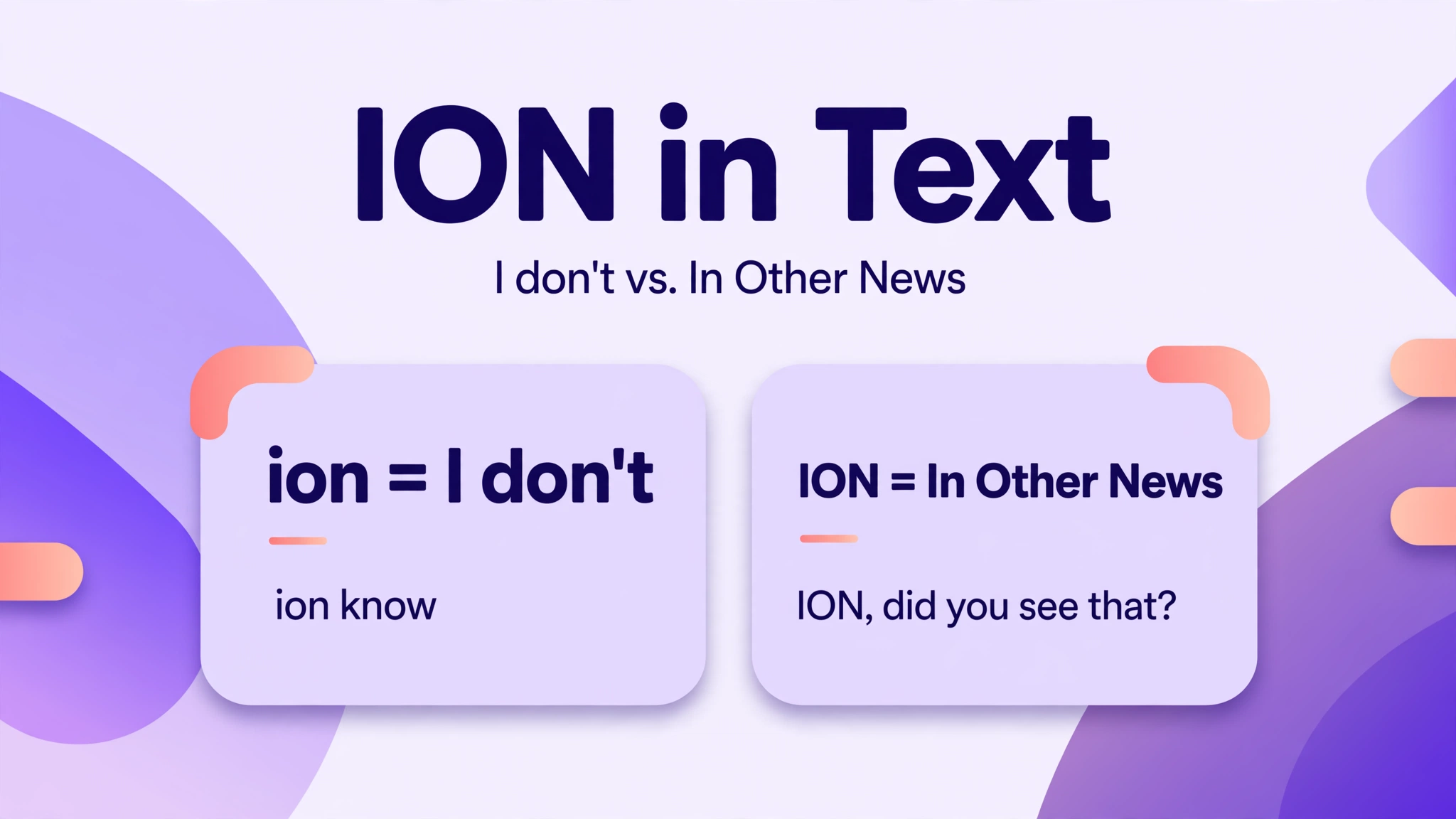 ION meaning in text: the I don't contraction and In Other News explained.