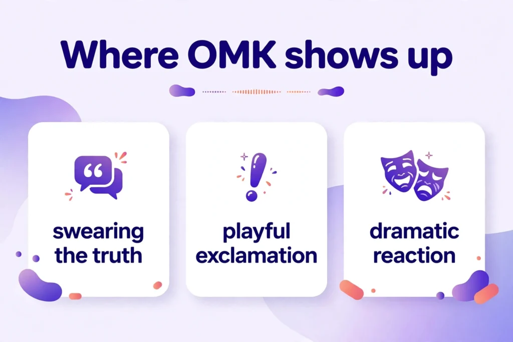 Where OMK shows up: swearing the truth, playful exclamation, dramatic reaction.